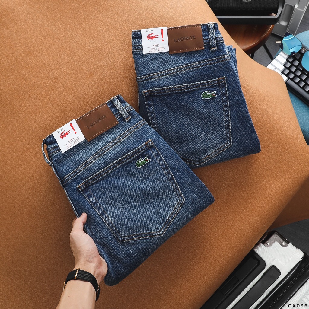 Quần Jean Nam LACOSTE CX036 Màu Xanh Denim Cúc Đồng Logo 2 mặt Form SlimFit Mềm Mịn Co Giãn Hàng Xuất Xịn Có Big Size