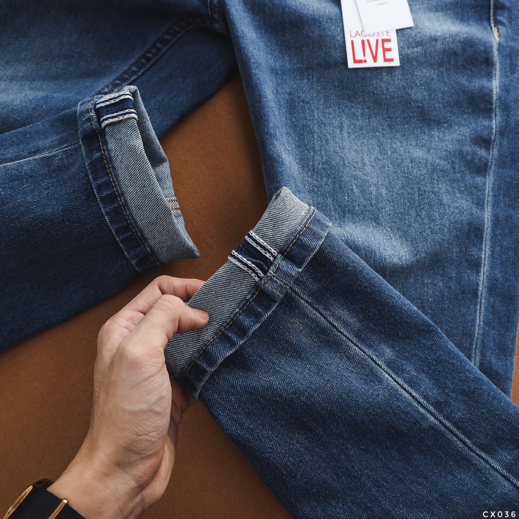 Quần Jean Nam LACOSTE CX036 Màu Xanh Denim Cúc Đồng Logo 2 mặt Form SlimFit Mềm Mịn Co Giãn Hàng Xuất Xịn Có Big Size