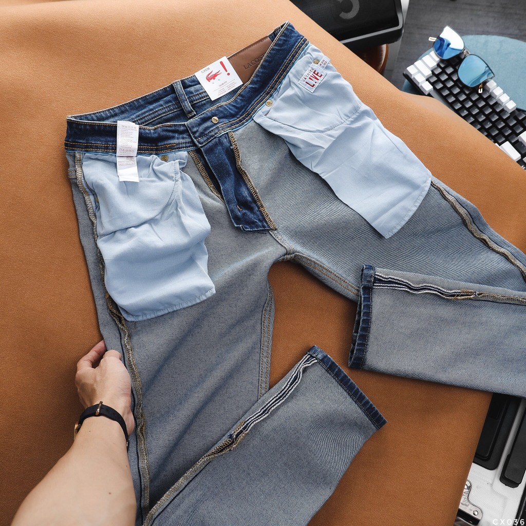 Quần Jean Nam LACOSTE CX036 Màu Xanh Denim Cúc Đồng Logo 2 mặt Form SlimFit Mềm Mịn Co Giãn Hàng Xuất Xịn Có Big Size