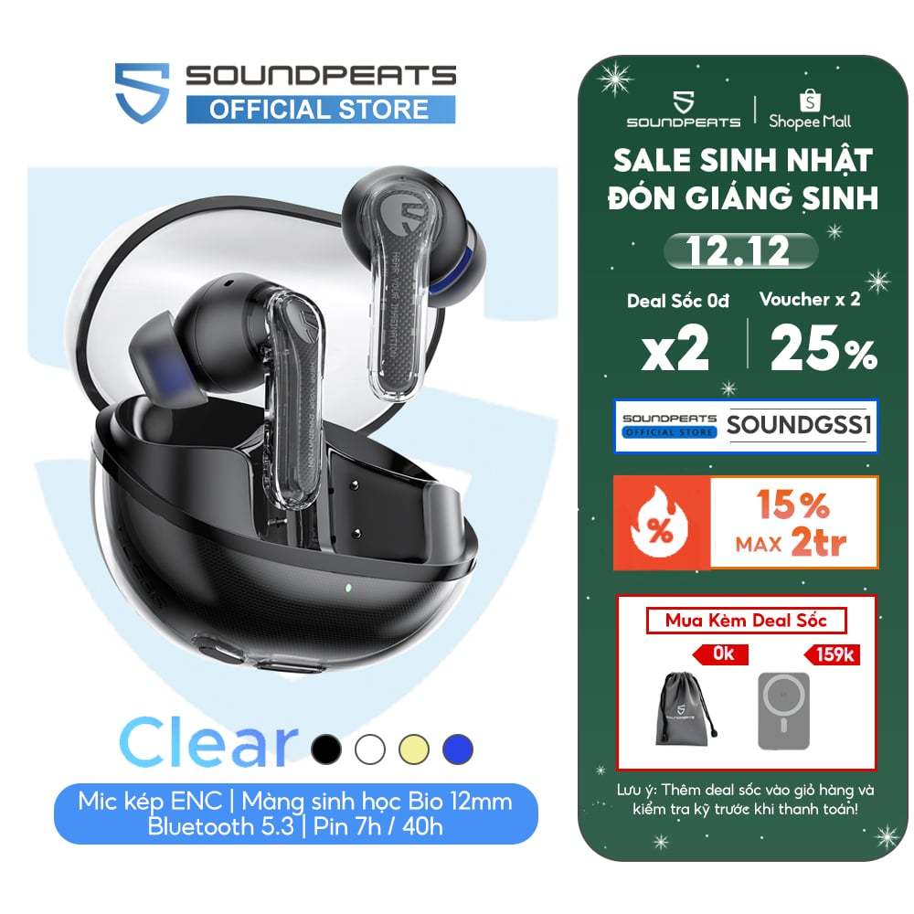 Tai nghe True Wireless SoundPEATS Clear | Trong suốt Trendy | Mic Kép ENC | Bluetooth 5.3