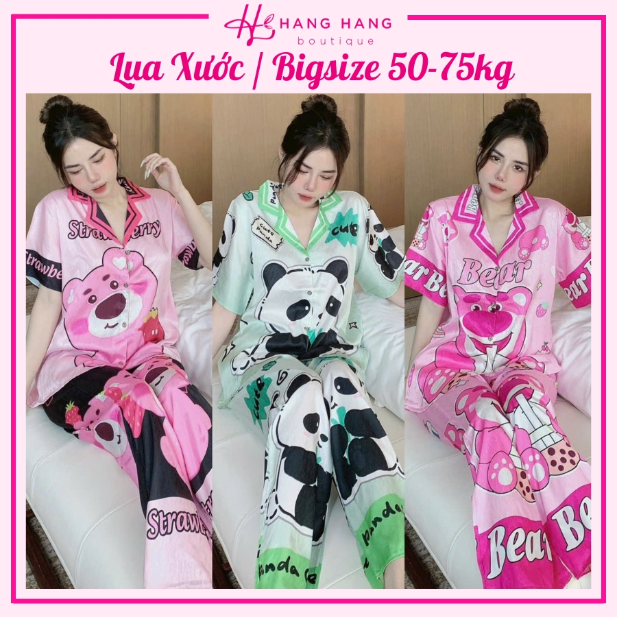 Bộ đồ ngủ bigsize 50-75kg, pijama dài cộc tay ngắn lụa xước, đồ bộ nữ đồ ngủ lụa mặc nhà thiết kế cute gấu dâu dễ thương