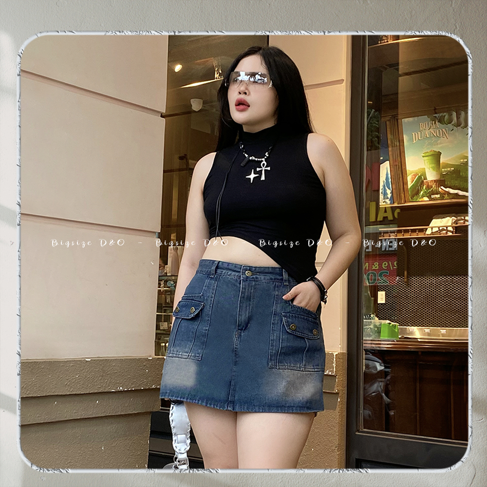 Quần jean giả váy ngắn túi hộp, màu rêu 4162, lưng cao, không giãn [Bigsize 55-90kg]