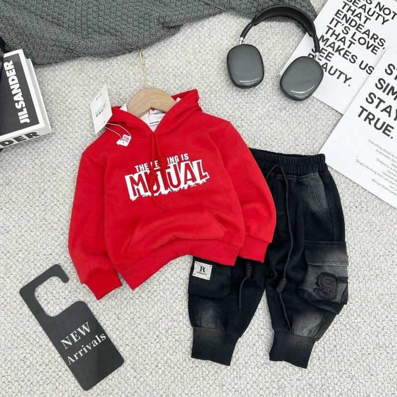 Bộ bé trai,Sét áo hoodie nỉ ép đỏ + quần túi hộp loang 8 đến 30kg