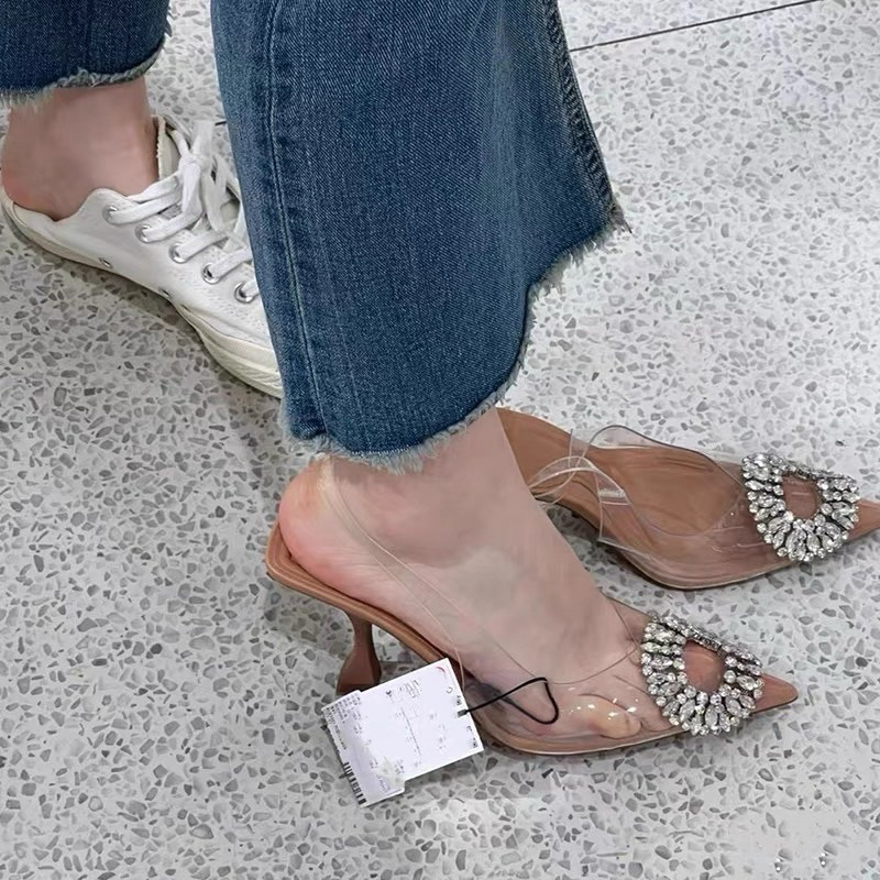 Giày sandal Z hở gót Mika mũi nhọn đính đá tròn màu nâu gót nhọn cao 8cm phong cách tiểu thư Pháp sang chảnh mới 𝟮𝟭𝟮𝟴 | BigBuy360 - bigbuy360.vn