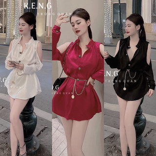 Đầm sơ mi lụa khoét vai phối xích sexy cá tính đi chơi tiệc a24