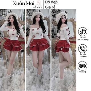  Set 2 món áo lông tay dài đính nơ kèm chân váy tầng ren màu đỏ siêu xinh mặc Noel lễ Tết 