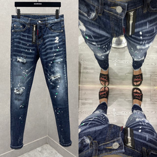 Quần jean bò nam Dsq xanh đậm khoá lệch wash loang kẻ sóng thêu số 2 đùi vảy sơn rách xước 4 cúc QJ423P