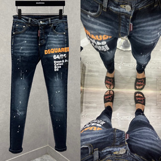 Quần jean bò nam Dsq xanh đậm trơn cào xước vảy sơn in chữ Dsq2 Dean Dan Caten viền đùi 4 cúc basic QJ450P