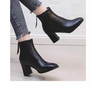 Bốt Nữ Hàn Quốc Boot Nữ Công Sở Gót Vuông Khóa Sau Da Sần và Da Lì khóa Min nhiều mẫu cổ lửng hottrend