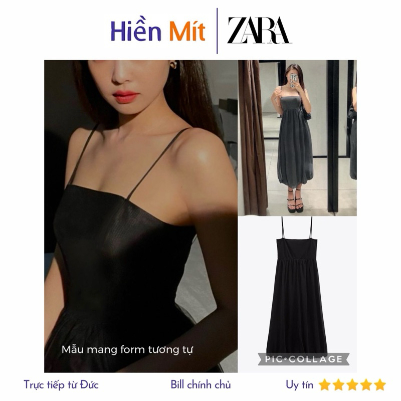 ZARA Đức - Đầm dài midi hai dây chân xòe phồng ngực chiết eo co giãn đen xám sale auth new sẵn chính hãng 0264/333