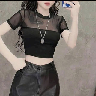 Áo thun croptop phối lưới tay ngắn