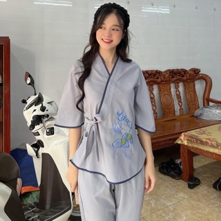 (NƠ THÊU) Bộ quần áo nữ Phật tử, bộ đồ lam đi chùa mẫu xéo nơ thêu