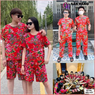 Đồ bộ đùi nam cọc tay du xuân mặc nhà phong cách trẻ trung , bộ dài ống rộng hoa lá cành in lông con công chúc tết