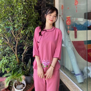 (2 SỌC VIỀN) Bộ quần áo nữ Phật tử - đồ lam đi chùa mẫu nữ vải Kate mã A08