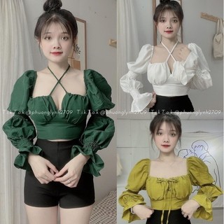 Áo Voan Tay Dài Kiểu Cổ Vuông Phối Dây Rút Hai Bên Eo Duyên Dáng, Áo kiểu voan cổ vuông rút dây hai bên mới