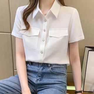 Áo kiểu nữ lụa trắng tay ngắn ,áo lụa cao cấp, áo sơ mi nữ công sở fom chuẩn đẹp A4436 đủ size 40-90kg