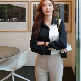 Áo sơ mi nữ phối màu, áo lụa cao cấp, áo sơ mi nữ công sở fom chuẩn đẹp A4438 đủ size 40-90kg
