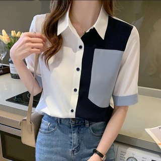 Áo sơ mi nữ tay ngắn phối màu, áo lụa cao cấp, áo sơ mi nữ công sở fom chuẩn đẹp A4439 đủ size 40-90kg