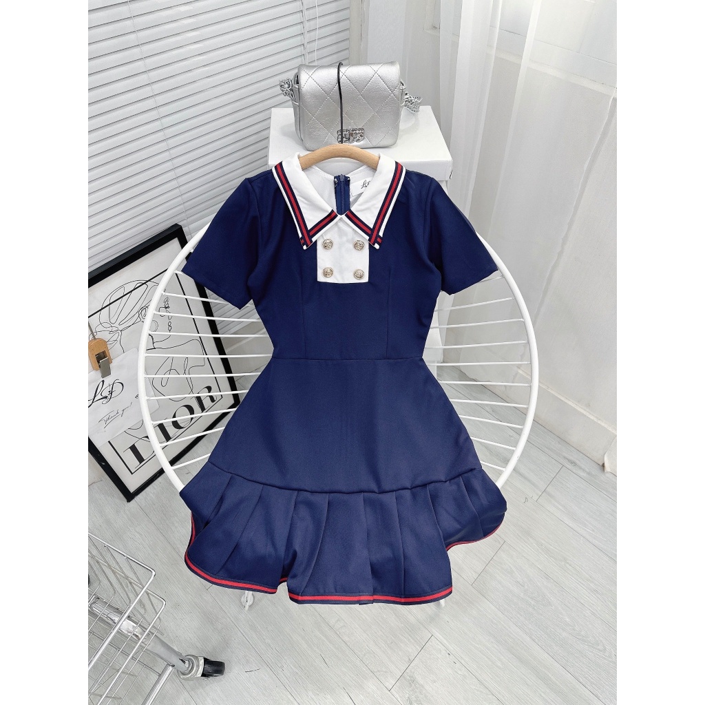 Đầm cổ Polo cách điệu, đầm váy nữ thiêt kế basic chuẩn Chou màu xanh than mới lạ cho nàng đi tiệc, đi chơi sang chảnh