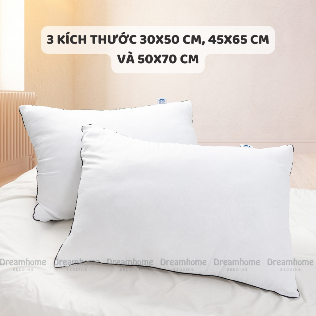 Ruột gối 50x70 45x65 DREAMHOME, gối nằm ngủ người lớn cao cấp phom thấp mềm, in họa tiết chìm, bông gòn trắng 100%