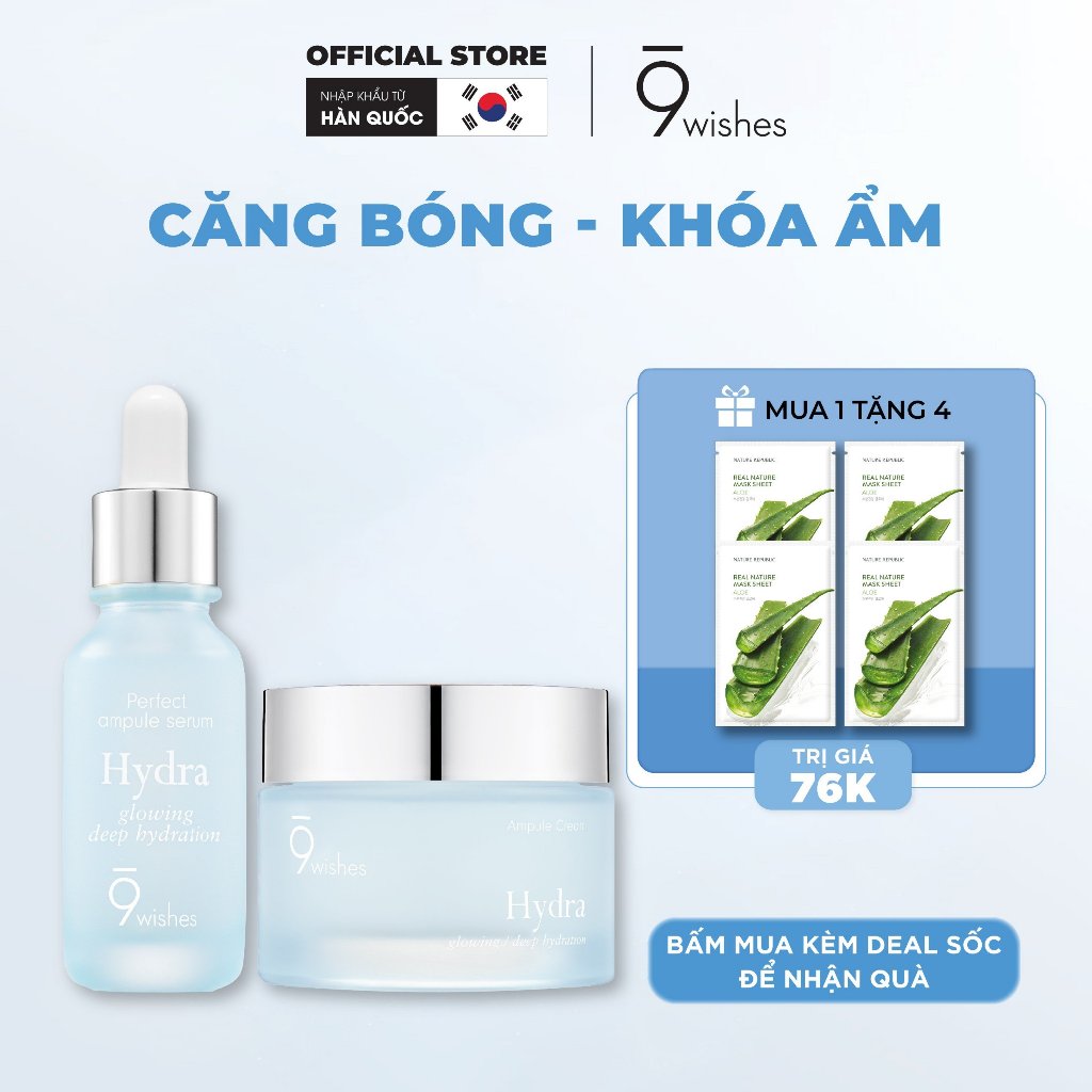 Combo dưỡng ẩm 9 Wishes Tinh chất Hydra 25ml + Kem dưỡng da Hydra Cream 50ml
