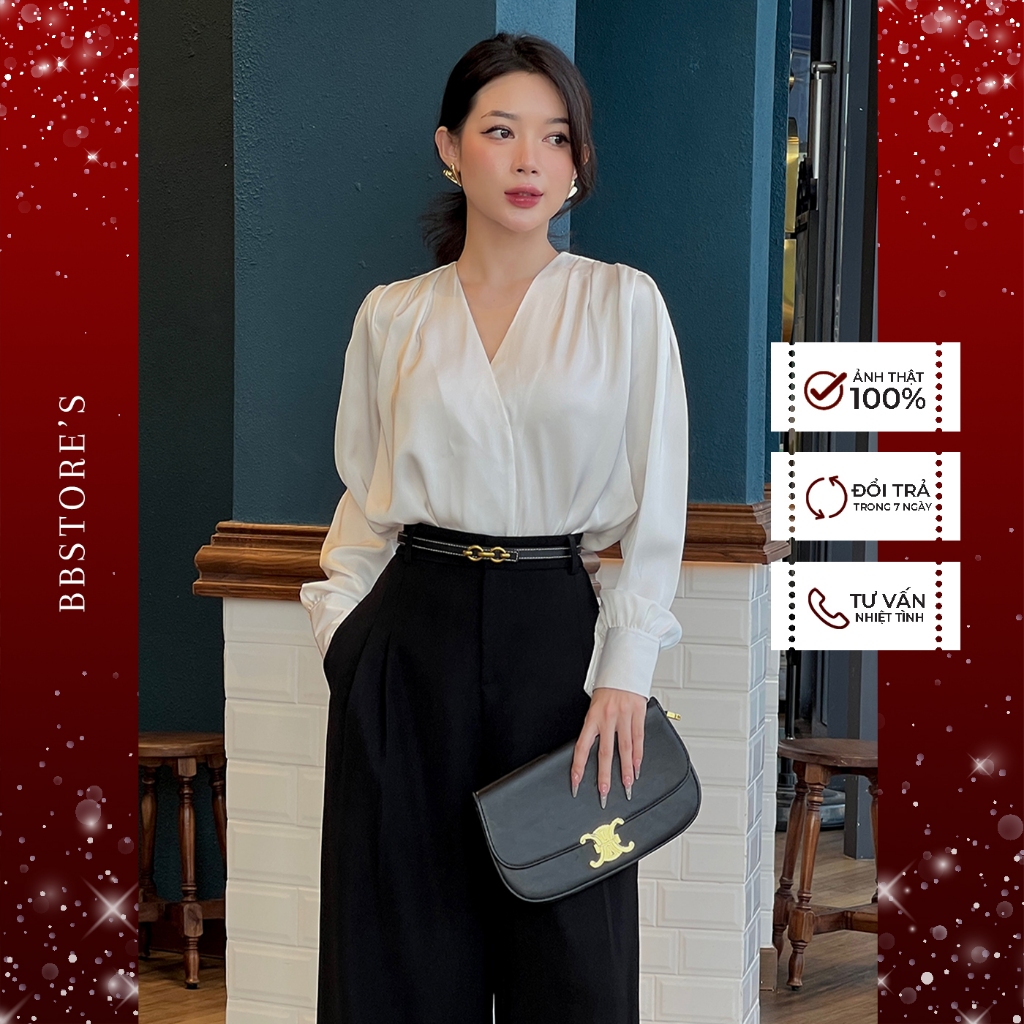 Áo Sơ Mi Lụa Tay Dài Xếp Nhún Vai (không kèm hoa cổ) BBSTORE'S -A2569