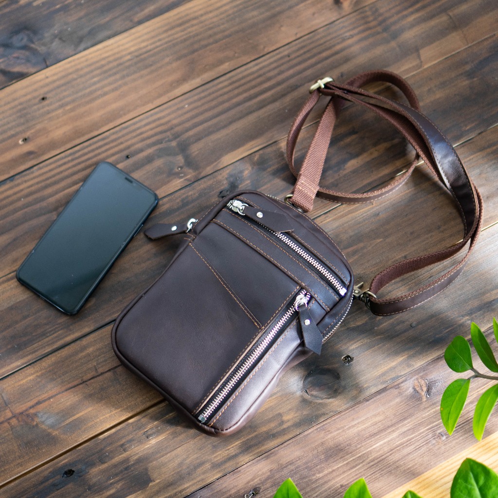Túi đeo chéo mini phone unisex 6in da bò thật Manuk Leather