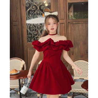 Váy Nhung Trễ Vai Bèo Kèm Choker Sáng Chảnh Kiểu Dáng Hàn Quốc Xinh Xỉu