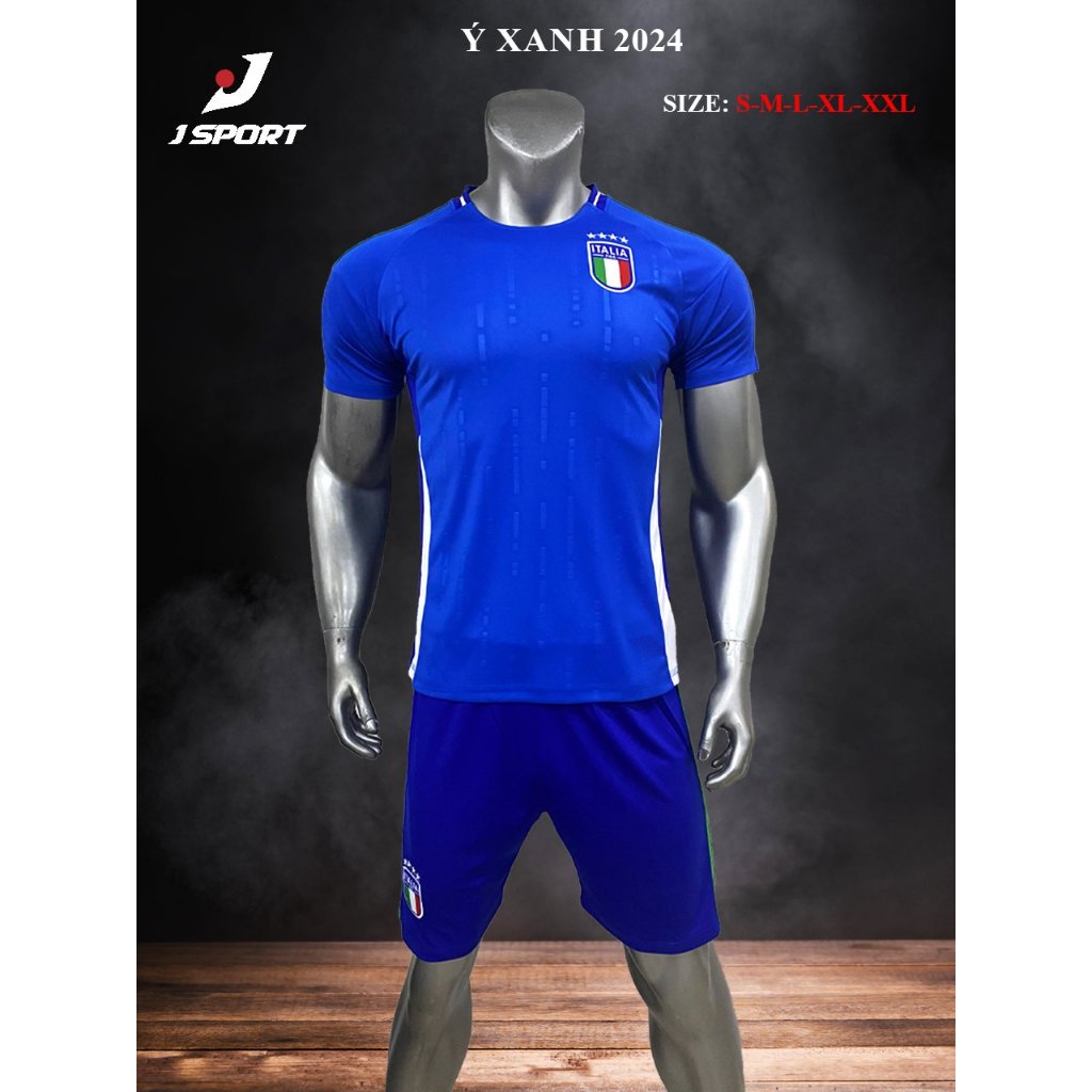 Quần Áo Bóng Đá Tuyển Italia Xanh Thiên Thanh 2024 logo thêu  - Tuyển Ý Thun Lạnh Cao Cấp, Không Nhăn, Không Xù Lông A20