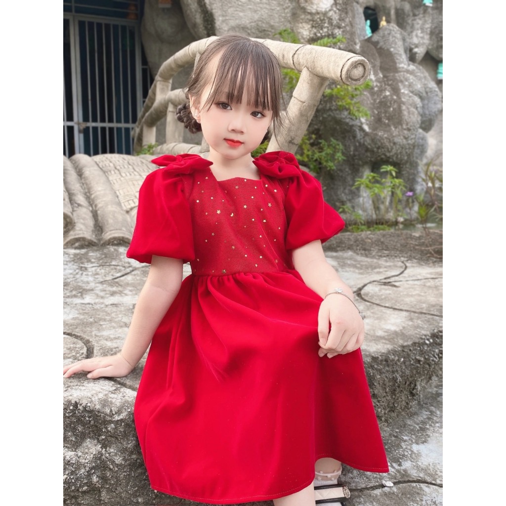 Váy đỏ cho bé gái thu đông BABYSTORE88, Đầm trẻ em dài tay hàng thiết kế 1 2 3 4 5 6 7 8 tuổi V5