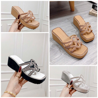Dép nữ đế xuồng quai ngang đá sang chảnh đế cao 6cm