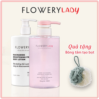 Combo sữa tắm sữa dưỡng thể dưỡng trắng da hương Hoa Anh Đào Flowery LADY Niacinamide 500ml