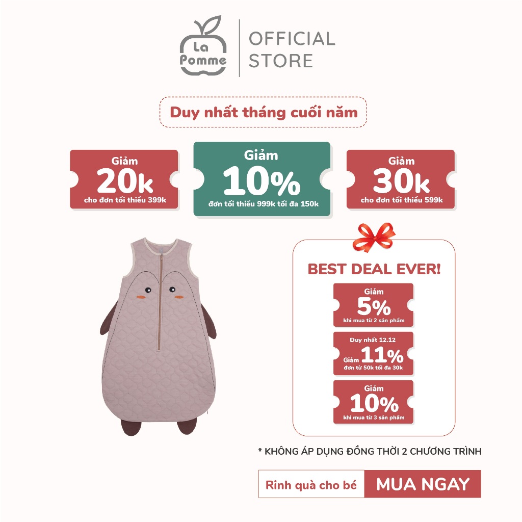 (Tháng 12 - Mua 2 giảm 5%, Mua 3 giảm 10%) Túi ngủ Organic La Pomme sơ sinh chùm kín chân