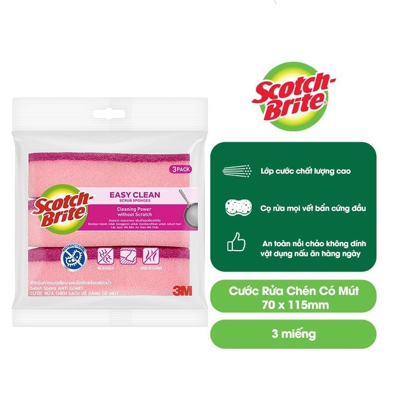 Combo 3 miếng cước rửa chén siêu sạch có mút Scotch Brite 3M 115x70mm hình sóng kháng khuẩn, lấy sạch vết bẩn
