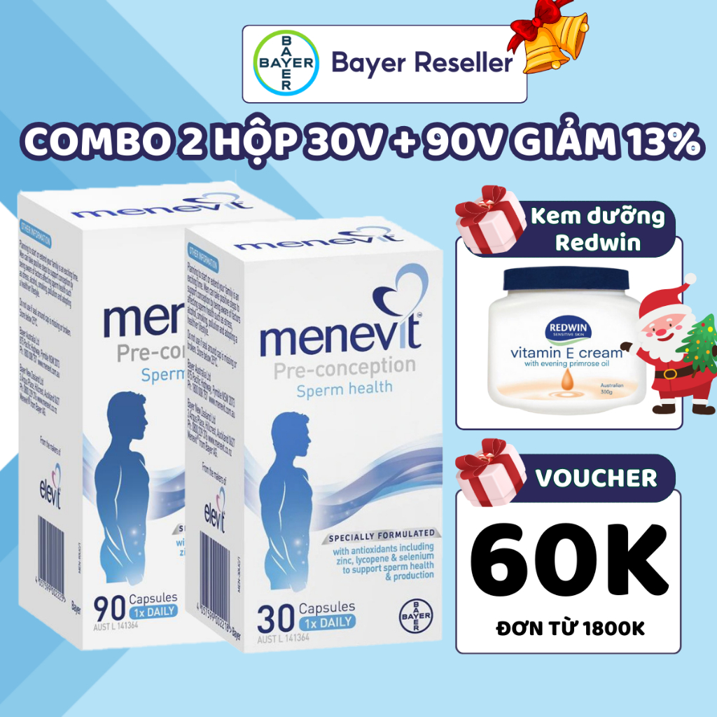 Combo 2 hộp Menevit viên uống tăng chất lượng tinh trùng Bayer cho nam giới 30 viên/ 90 viên của Úc