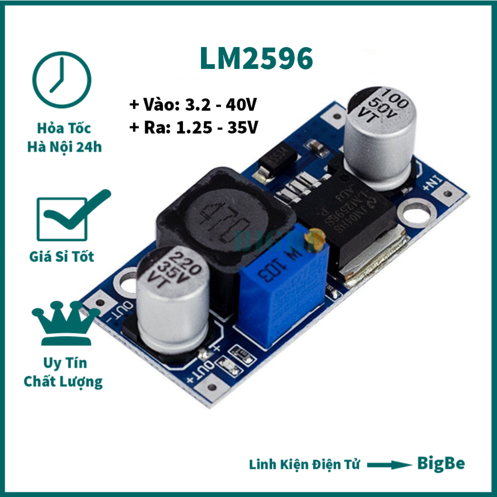 Module hạ áp LM2596 3A Buck DC-DC (Vào 4-35VDC Ra 1-30VDC)