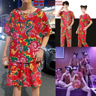 Set đồ thể thao dài nam nữ họa tiết Đui Con Công Chúc Tết Du Xuân Khăn Trải Bàn Đỏ hót trend bộ đùi dài 2 loại - DTB