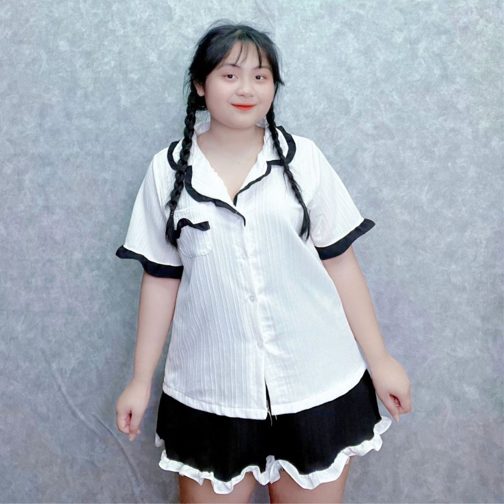 Sét đồ ngủ pijama cho nữ bigsize, vài xốp đũi cao cấp bèo viền xinh xắn dễ thương style tiểu thư bánh bèo SET65