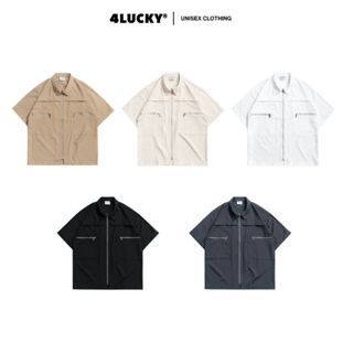 Áo Sơ Mi Form Boxy Phối Dây Kéo 4Lucky 6805, Sơ Mi Boxy Chất Mango Unisex Nam Nữ Tay Ngắn Form Rộng