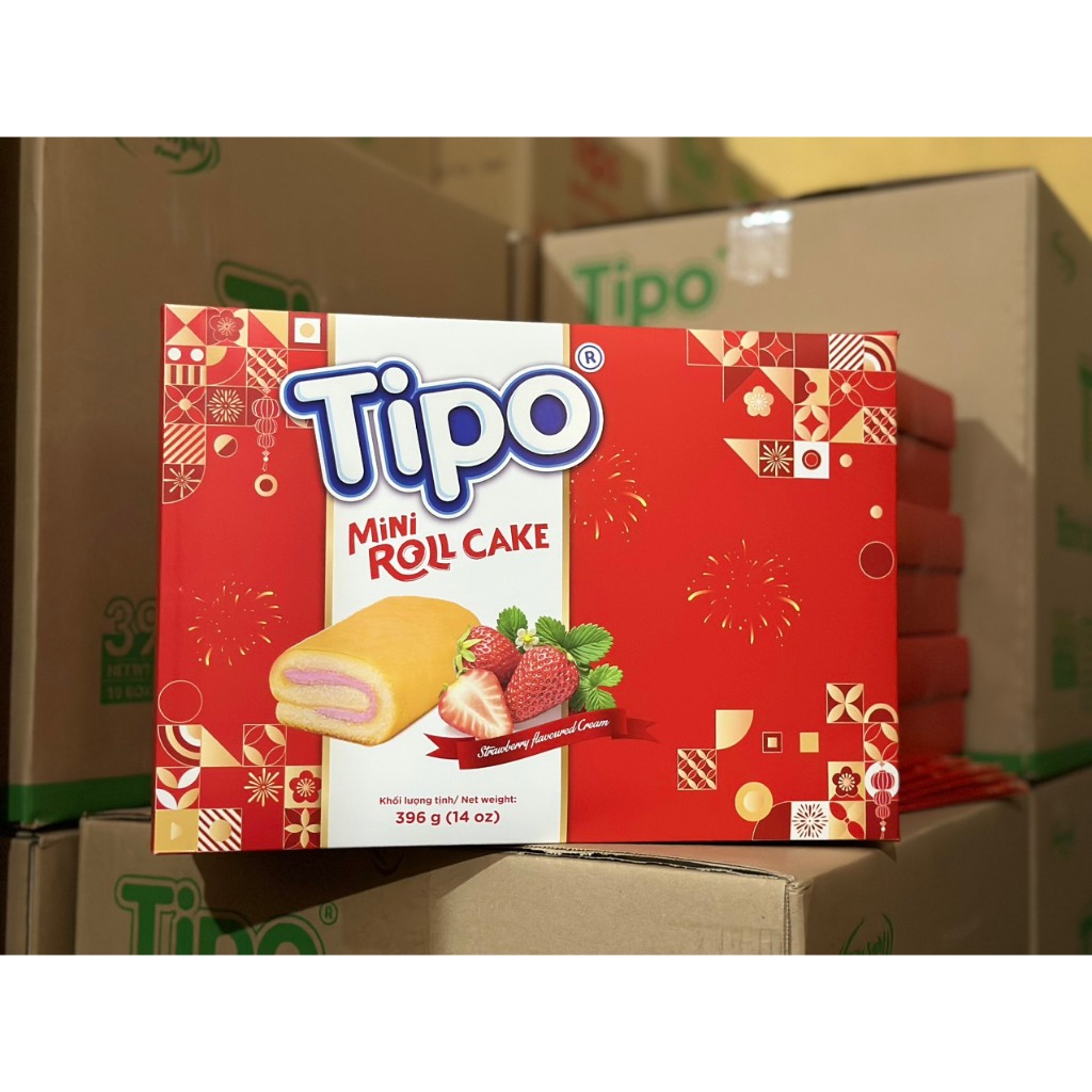 Bánh hộp tết TIPO Bông Lan Kem cuộn hương cốm, dâu 396g (kèm túi xách)