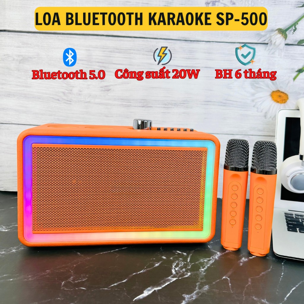 Loa karaoke bluetooth SP-500 kèm 2 mic  công xuất 20W Có Đèn Nhiều Chế Độ - Loa karaoke mini hát siêu hay