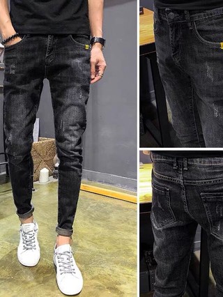 Quần jean nam xám than wash bạc, cào xước nhẹ, thêu túi