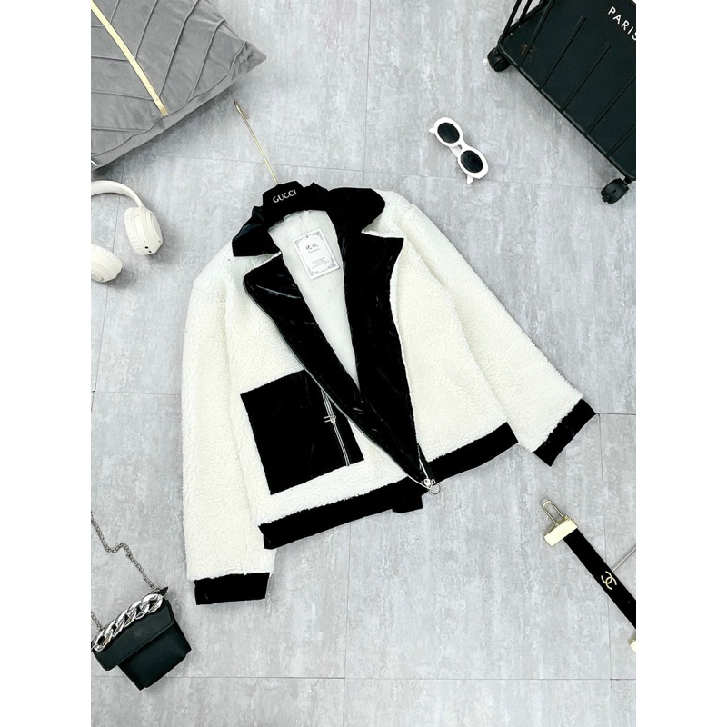 ÁO KHOÁC LÔNG PHỐI DA CỔ VEST TÚI VUÔNG