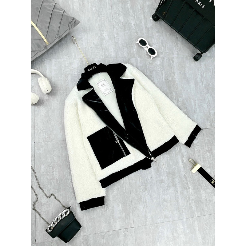 ÁO KHOÁC LÔNG PHỐI DA CỔ VEST TÚI VUÔNG