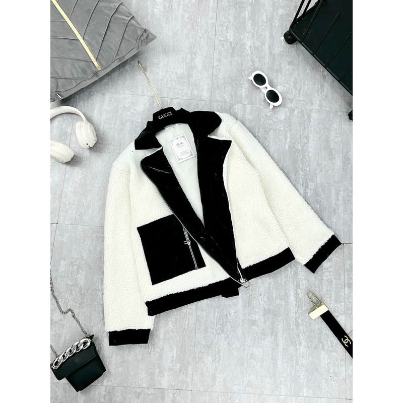 ÁO KHOÁC LÔNG PHỐI DA CỔ VEST TÚI VUÔNG