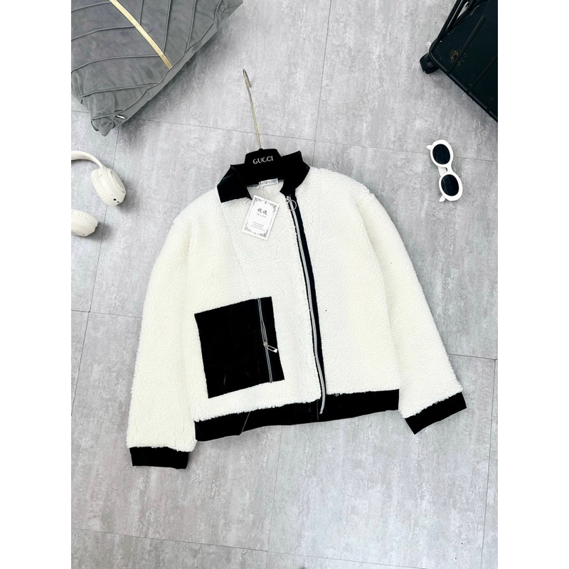 ÁO KHOÁC LÔNG PHỐI DA CỔ VEST TÚI VUÔNG