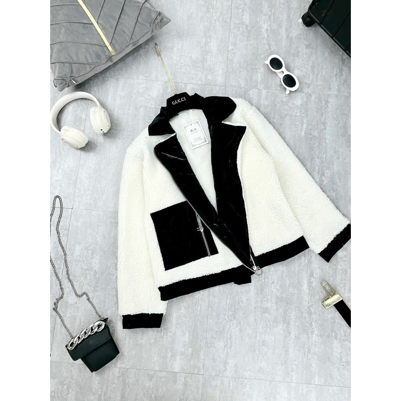 ÁO KHOÁC LÔNG PHỐI DA CỔ VEST TÚI VUÔNG