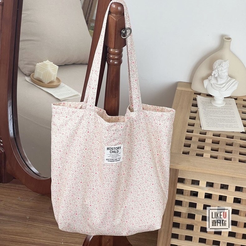 (CÓ SẴN) Túi vải cotton mỏng nhẹ, may 2 lớp đeo vai hoạ tiết hoa nhí Vintage Phong cách Hàn Quốc (41 x 40cm) | BigBuy360 - bigbuy360.vn