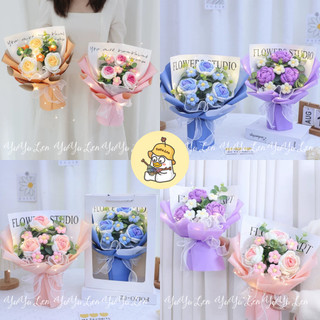 Bó hoa hồng len 3 bông mix hoa 5 cánh và lá táo làm quà tặng ngày valentine 14/2, 8/3