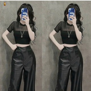 Áo croptop tay ngắn phối lưới trên thun dưới cổ tròn xinh